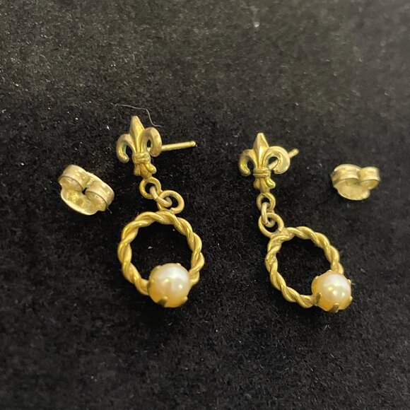 Gold Tone Fleur De Lis Stud Dangling Circle with Small Pearl in Center Earrings - Picture 4 of 9